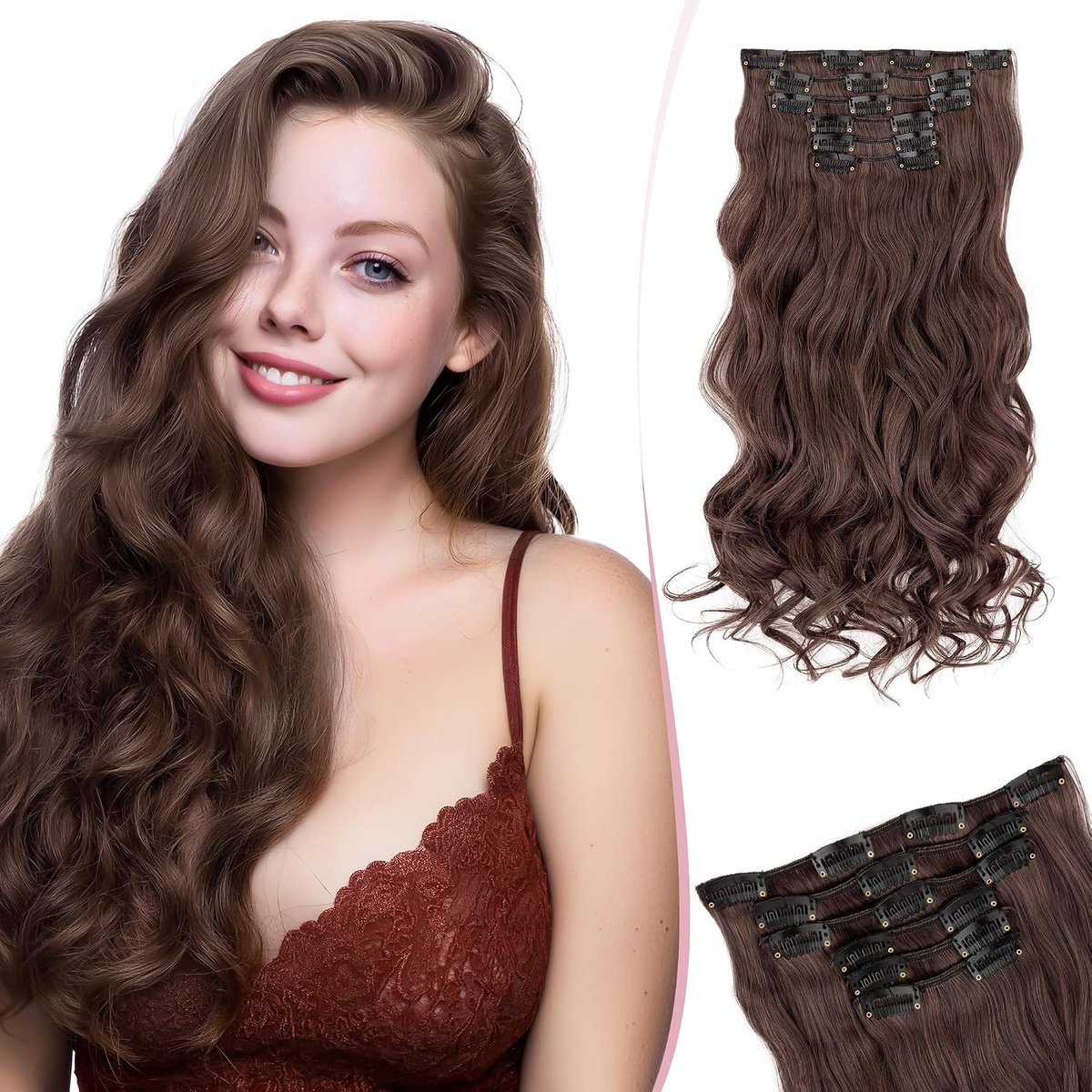 SnelShoppen - 55 cm Clip-In Haar Extensions Set van 6, 16 Clips, 100% Synthetisch, Golvend, Natuurlijk Uiterlijk, Goedkoop voor Volledige Hoofd #2/33