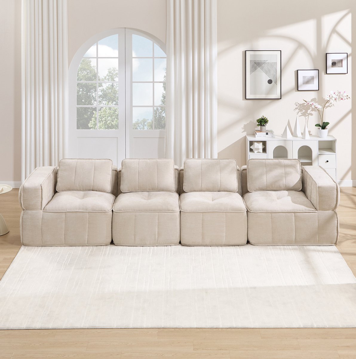 FloraGrace Bank - 4-Zits Modulaire Zitbank - Zonder Gestel, Met 32D Hoogdichtheidsschuim & Antislip Basis - Voor Woonkamer - Polyester - Beige