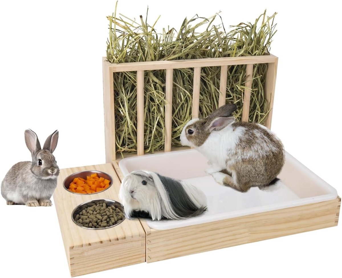 SnelShoppen - 3 in 1 Konijnen Hooi Voeder met Kattenbak, Houten Hooi Feeder met 2 Schalen, Gras Voeder Rek voor Cavia's Chinchilla's en Kleine Dieren
