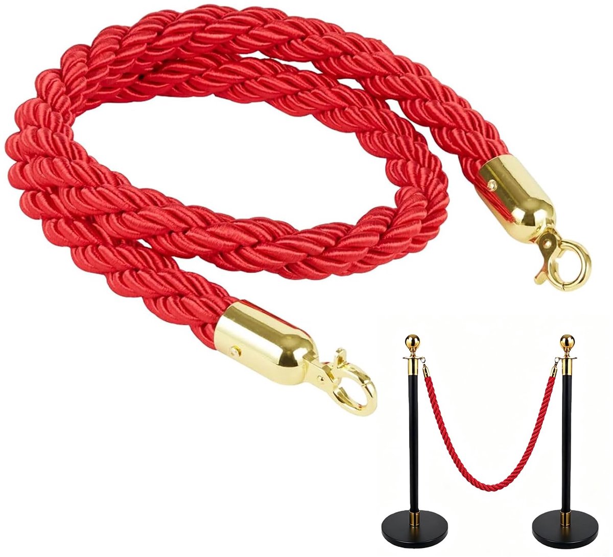 SnelShoppen - Rood Stanchion Touw 1,5 m met Gouden Haken - Gevlochten Barrière Touw voor Hotel, Restaurant, Bioscoop en Evenementen - Duurzaam en Comf
