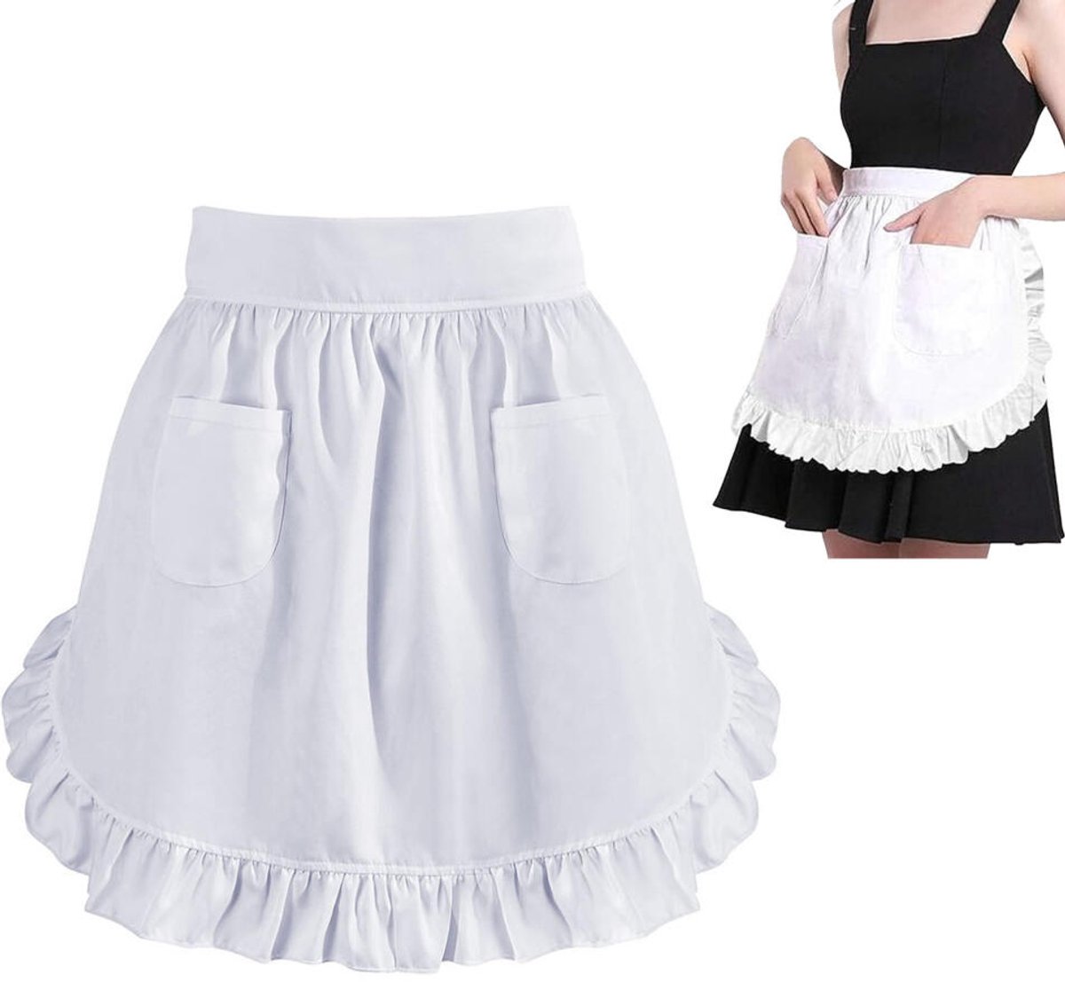 Kort Schort - Half schort - Keukenschort - dubbele zak - Verstelbaar - Kookschort - ruches - Serveerstersschort - Werkschort - BBQ Schort - Tailleschort - Damesschort - voor serveersters, dienstmeisjesuniformen en cafés - Wit