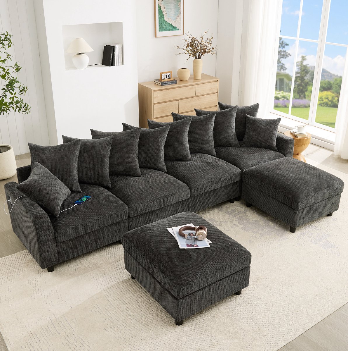 FloraGrace U-bank 6-zits - Modulaire Hoekbank Met 2 Hockers, 8 Verplaatsbare Kussens En USB C Oplaadpoort - Voor Woonkamer - Chenille - Grijs