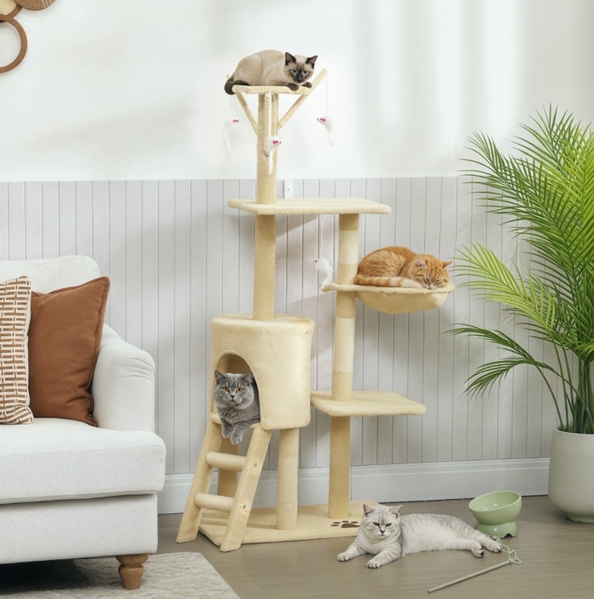 REDOM - Krabmeubel - Kattenkrabpaal met kattenhuisje en slaapnest - Met meerdere niveaus en speeltjes - Sisal krabpalen - Pluche bekleding - Voor katten tot 5 kg - Polyester, pluche en sisal - Beige - 60 x 35 x 134 cm