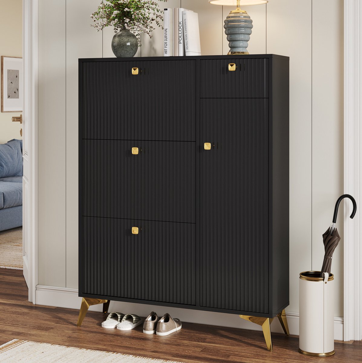 REDOM - Schoenenkast - 3 klappen, 1 lade en 1 deur - Smal staand model - Modern - Hal of gang - Spaanplaat en MDF - Zwart - B 90 x D 25 x H 121 cm