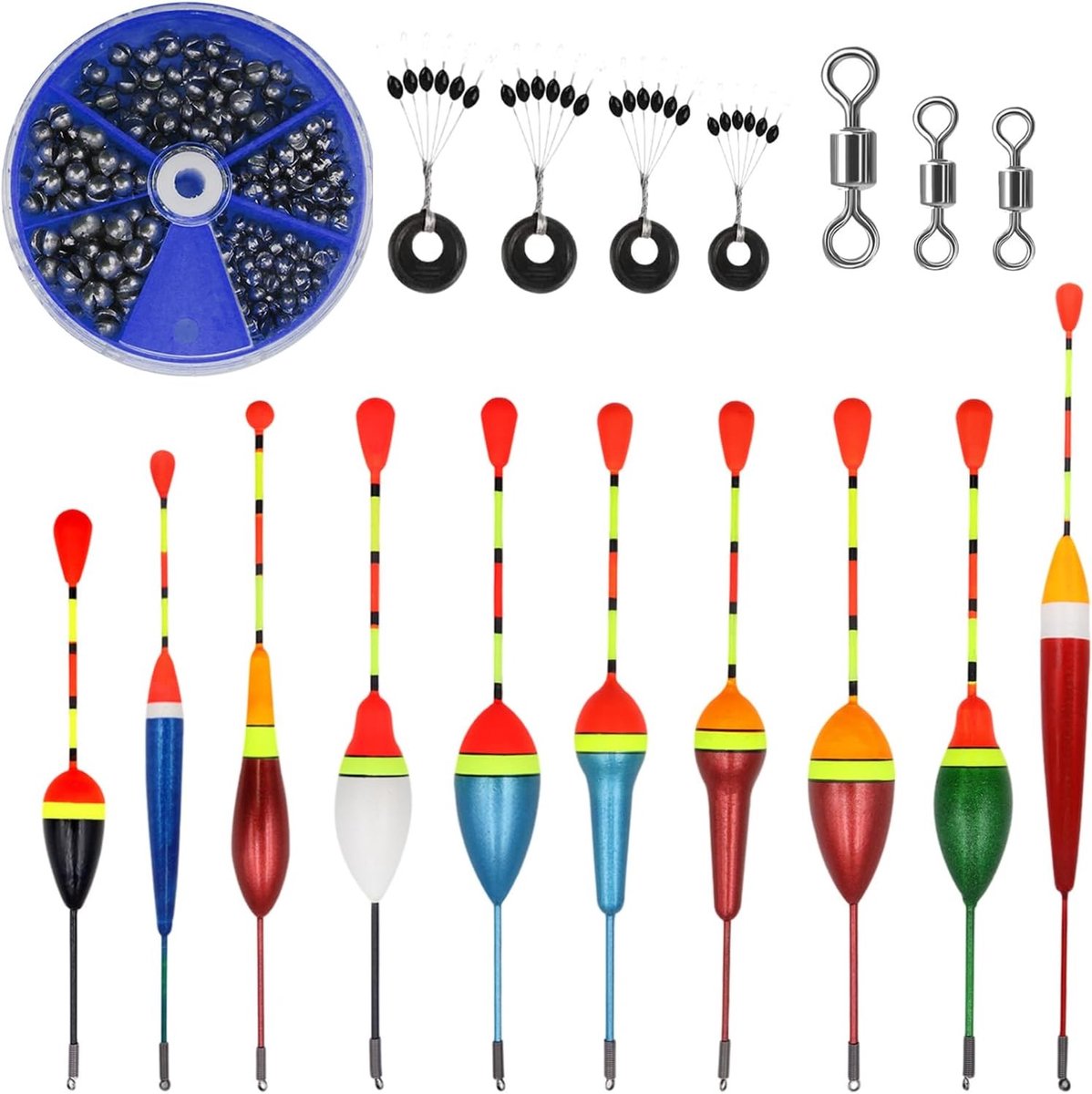 Set van 10 Vissersdrijvers, 205 Stukken, 5 Maten, Rood, Rubber Stopper en Accessoires voor Snoek- en Forelvissen in Meren en Vijvers