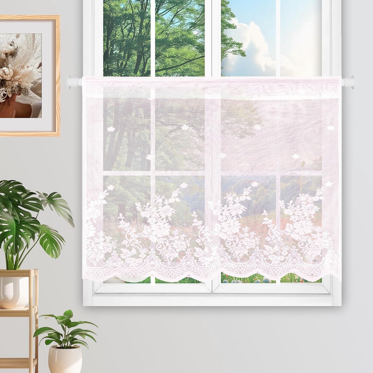 Curtains, Semi-Transparent Curtains, Bistro Curtain, Short Window Scarf with Flowers, Short Curtain for Window - ShopVlot