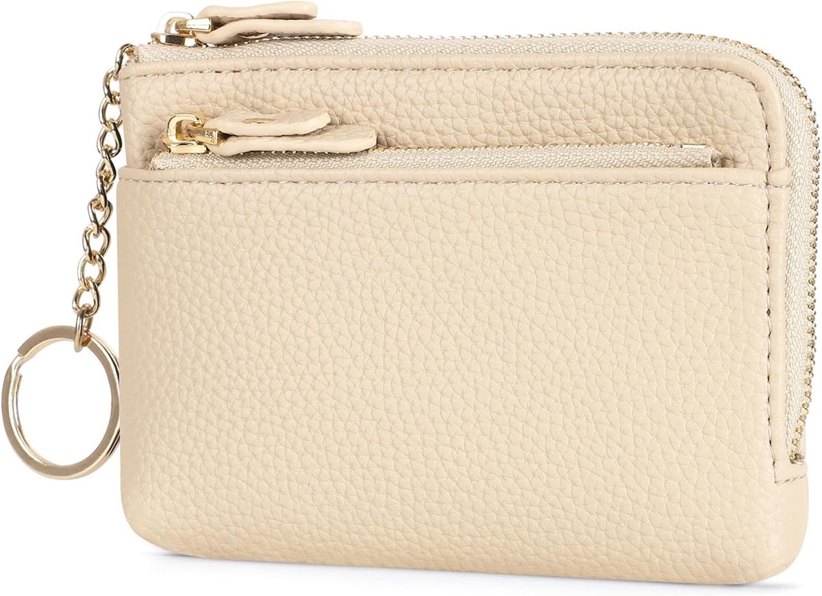 Wallet ladies small leather mini wallet women with keychain and zipper, Cream colors - ShopVlot