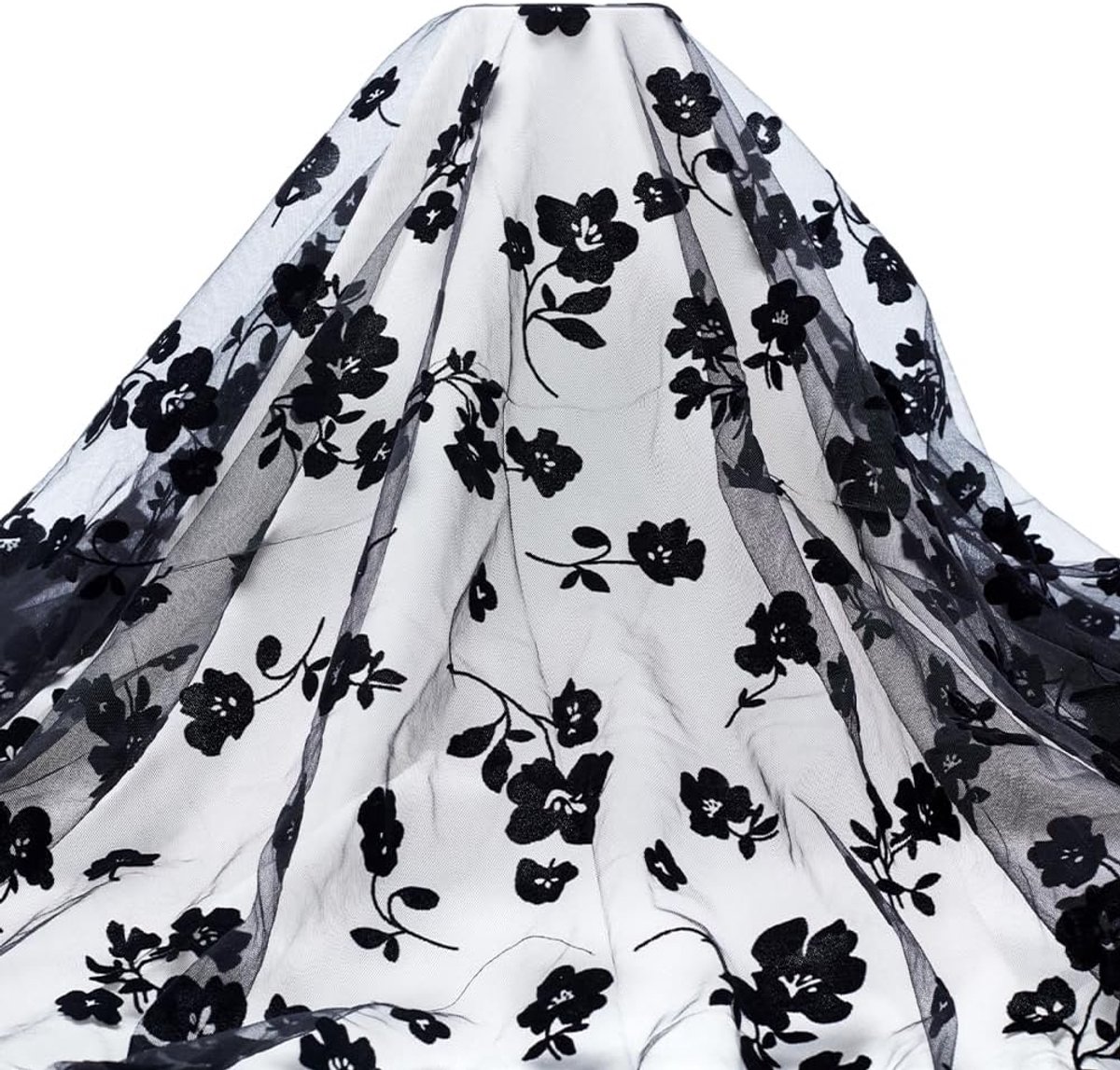 SnelShoppen - 1.8M Zwart Flock Floral Mesh Kant Stof - 160~172cm Lichte Tulle Vintage Rozen Kant Trim Stof voor Bruiloft Tutu Jurk Decor DIY Creatieve