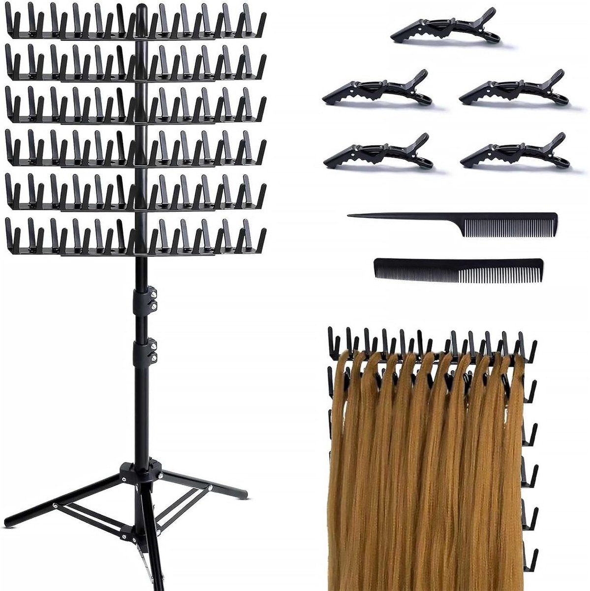 Hair Extension Stand, 144 Pin, Adjustable, Clips - Includes 5 clips and 2 combs for salon. - ShopVlot