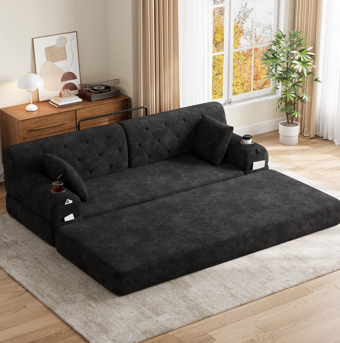 MIVRAY Slaapbank 3-Zits 208 Cm - Hoge Rugleuning, 2 Bekerhouders En 4 Zijvakken - Voor Woonkamer En Kleine Ruimtes - Stof Zwart