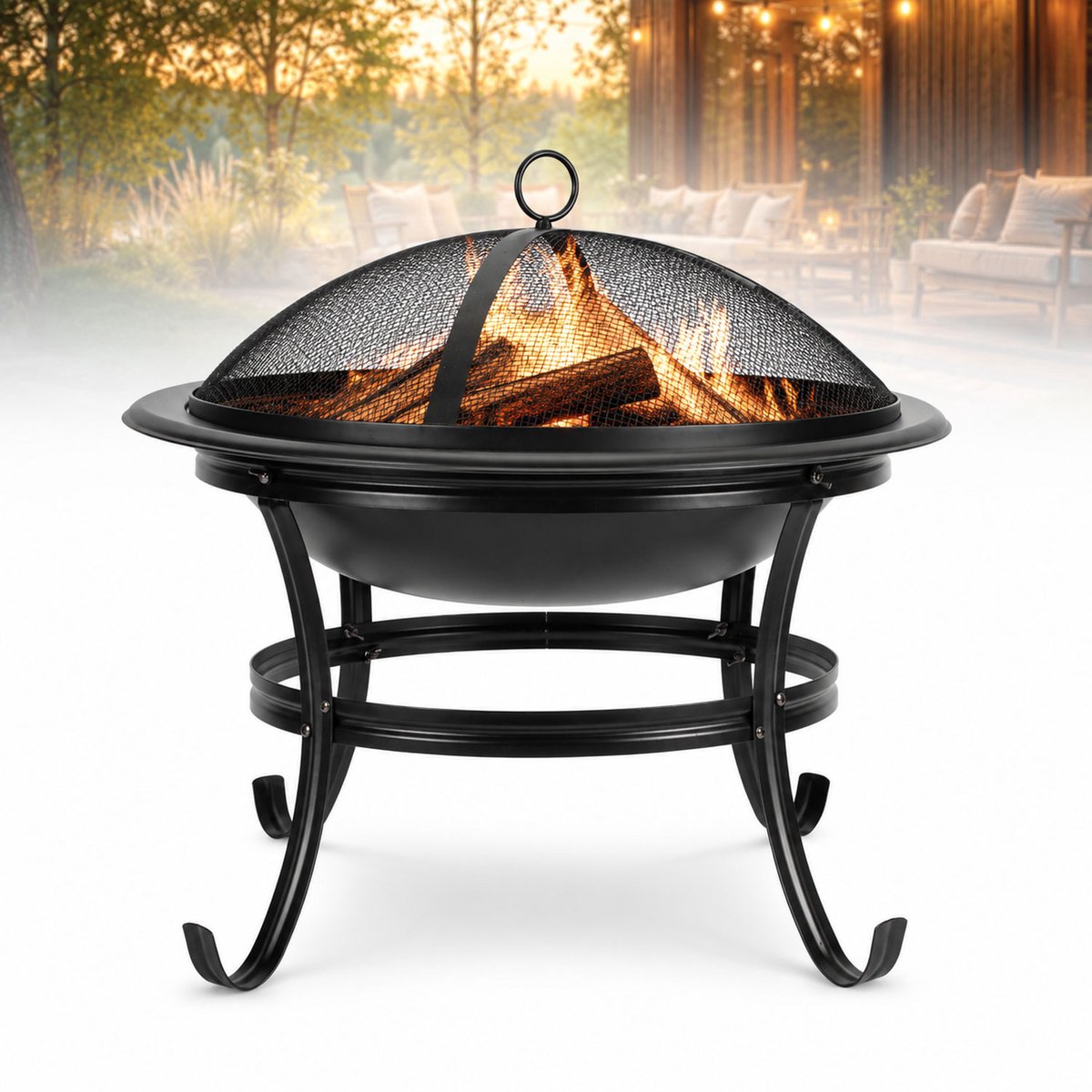 Metalen Vuurschaal Ø 55 cm – Vuurkorf met Grillrooster, Beschermdeksel en Pook – Zwart