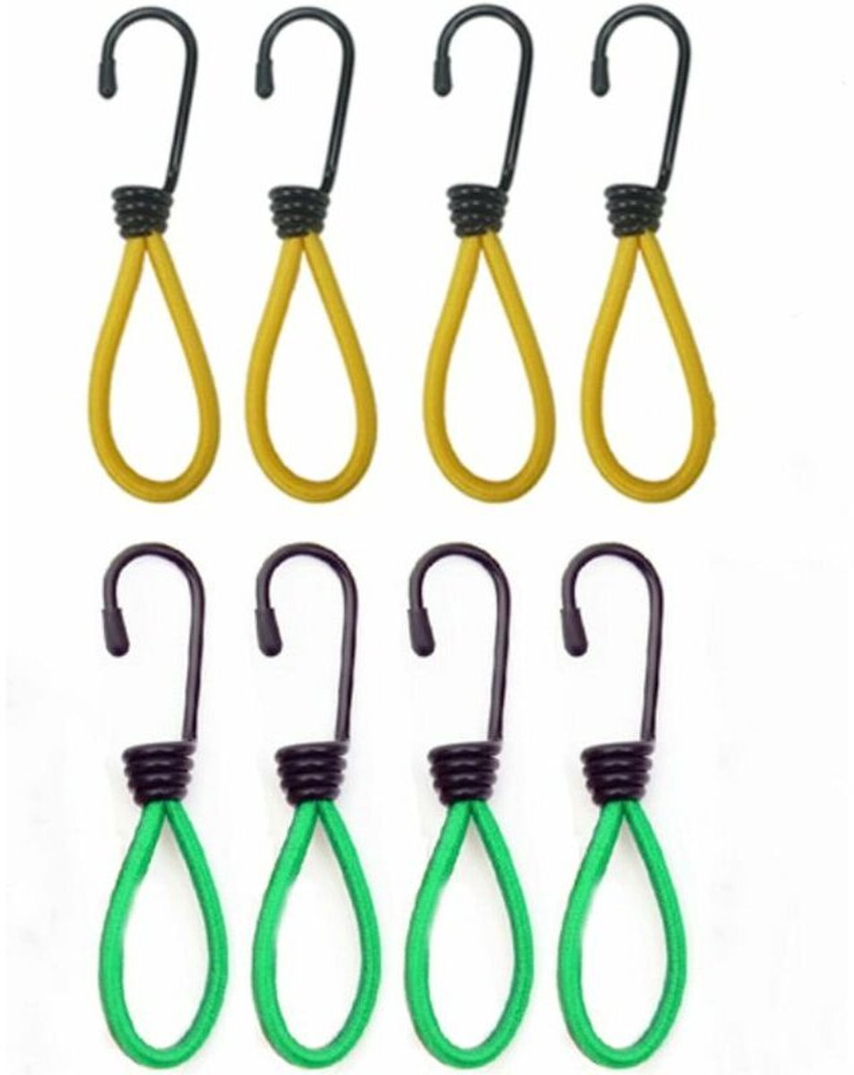 Elastische spanners met haakbevestiging, mini-elastische spanners, 8-pack, geelgroen, geschikt voor laden, kamperen, zeilen, enz.