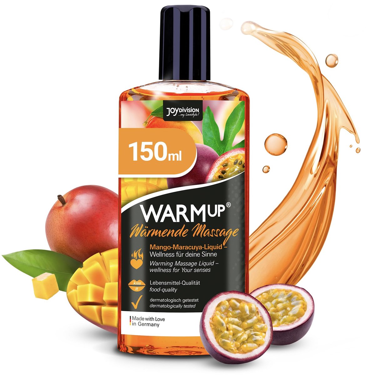 JOYDIVISION WARMup 150 ml Massagevloeistof met Fruitige Mango-Passievruchtgeur en -Smaak | Verwarmend Effect | hou van Massageolie