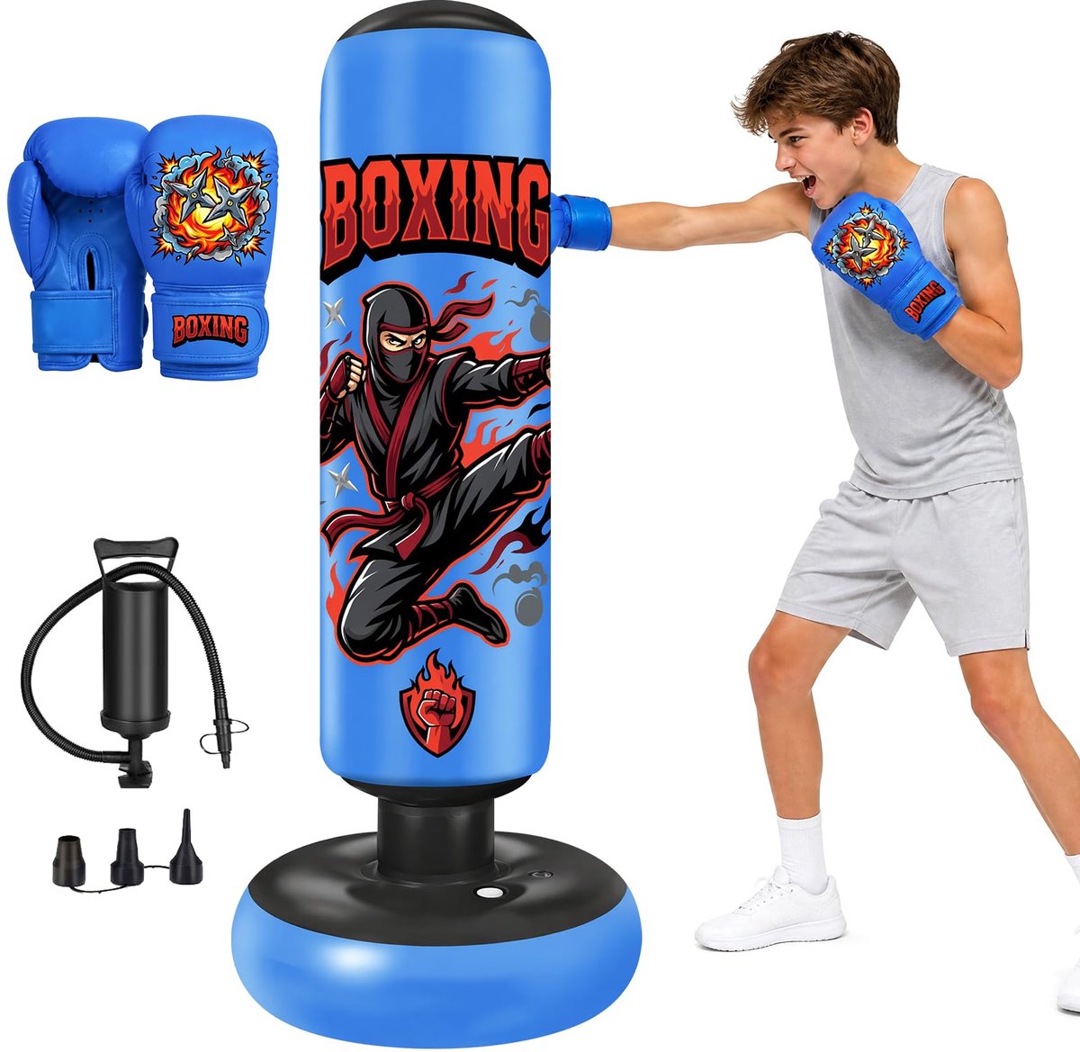 SnelShoppen - Pungibal Bokszak 165 cm voor Kinderen en Volwassenen met Handschoenen en Pomp - Ideale Vloeruitrusting voor Karate, Taekwondo en Kickbok