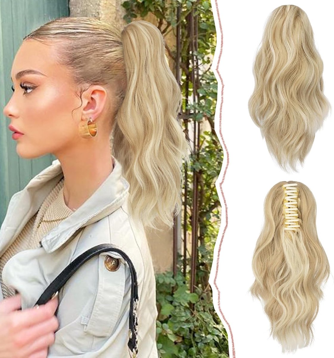 Korte Paardenstaart Extension 35 cm Klauw Clip Paardenstaart Haarverlenging Golvende Paardenstaartverlenging Synthetische Haarstukje Haarverlenging voor Vrouwen, Donkergouden mix Beige Blond
