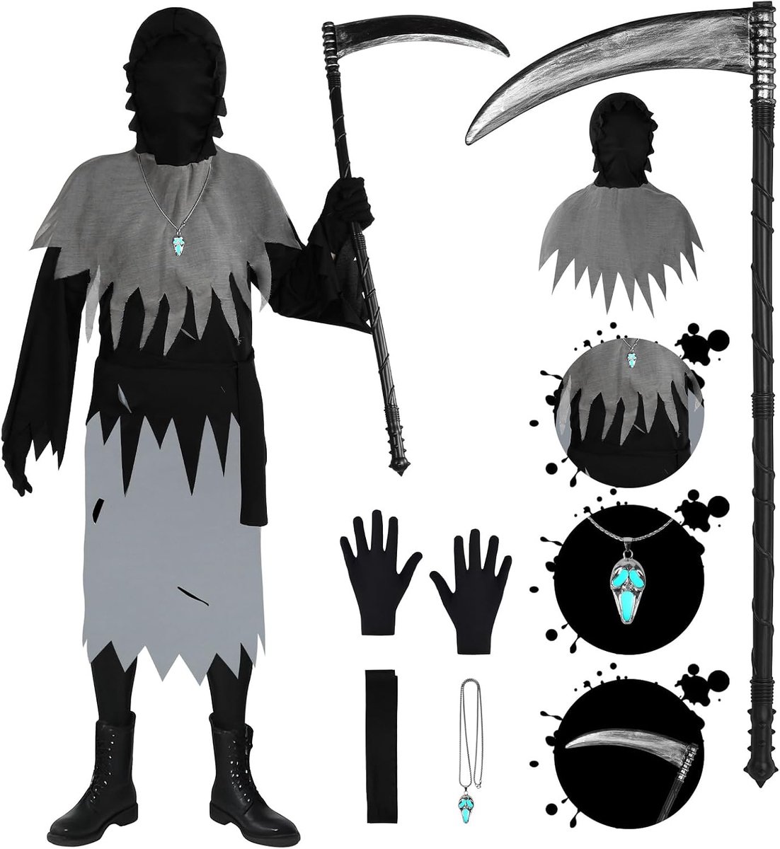 Hein Kostuum Kinderen 6 Stuks Scythe Magere Hein Gewaad Schreeuw Enge Magere Hein Cape Kostuum Ghost Dood Hein Kostuum Halloween Kostuum Griepy Phantom Outfit Fancy Dress voor Jongens