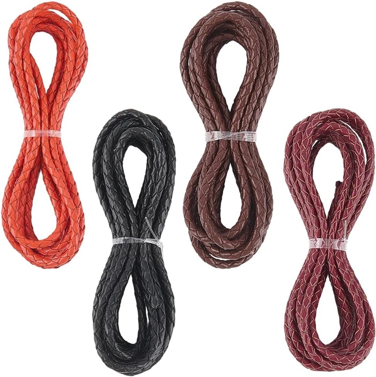Ronde Gevlochten Lederen Koord in 4 Kleuren voor Bolo Ties, Armbanden en Sieraden Maken - 8M 3Mm Draad voor Creatieve Projecten