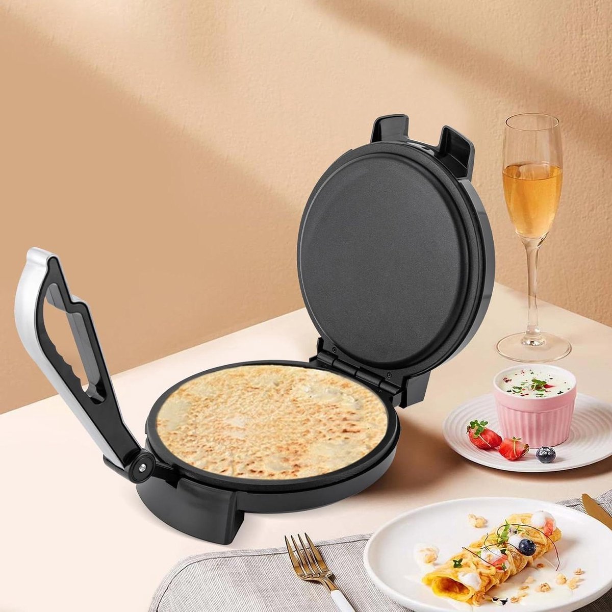 Roti Maker - Pannenkoek Plaat - Platbrood Bakken - Dubbelzijdig Verwarmen - 26 cm Rond - Zwart Zilver