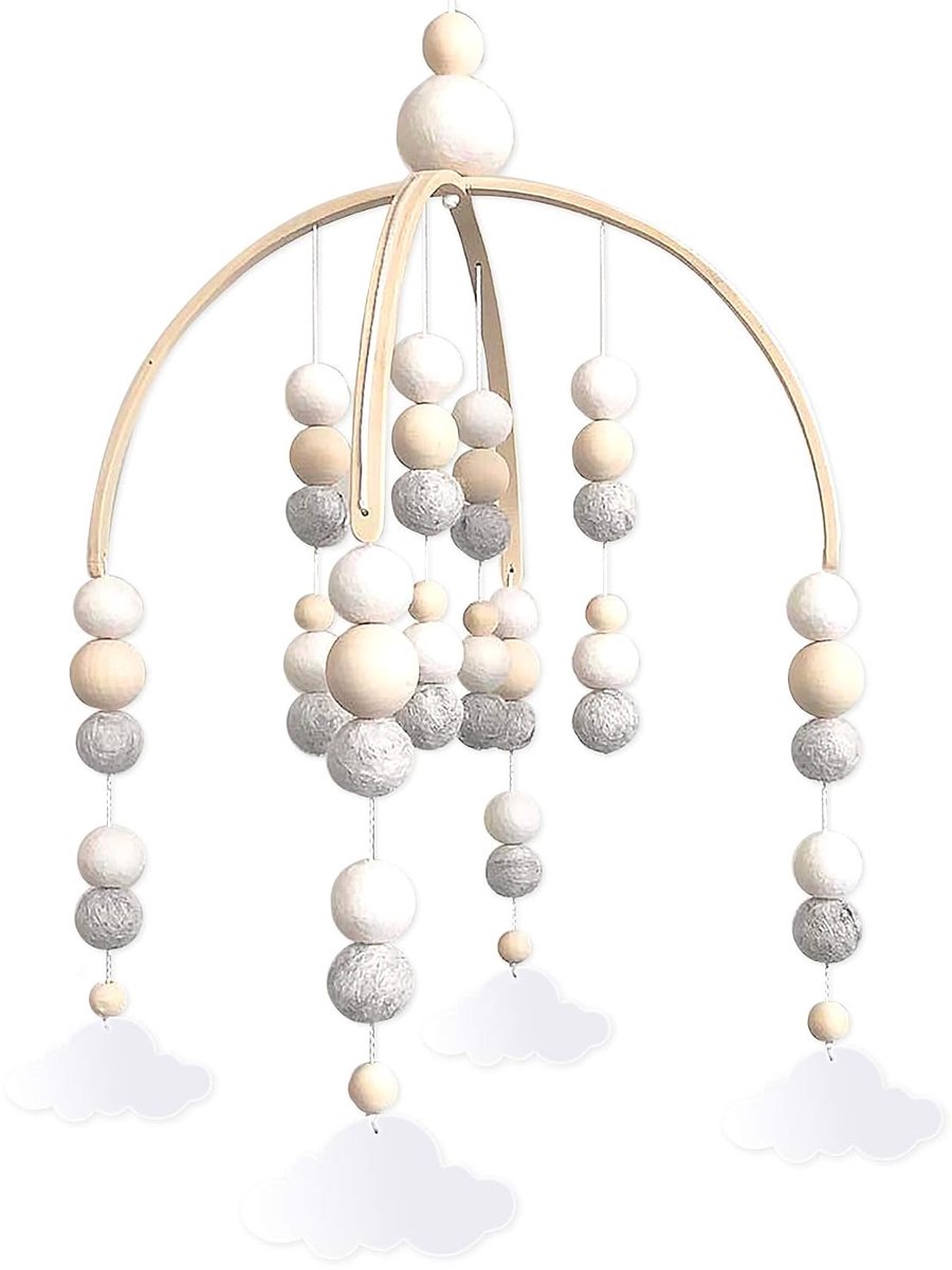 Mobiel voor babybedje met windhond – rammelaar van viltbolletjes en bamboe – hangende decoratie voor de babykamer – houten cadeau-item