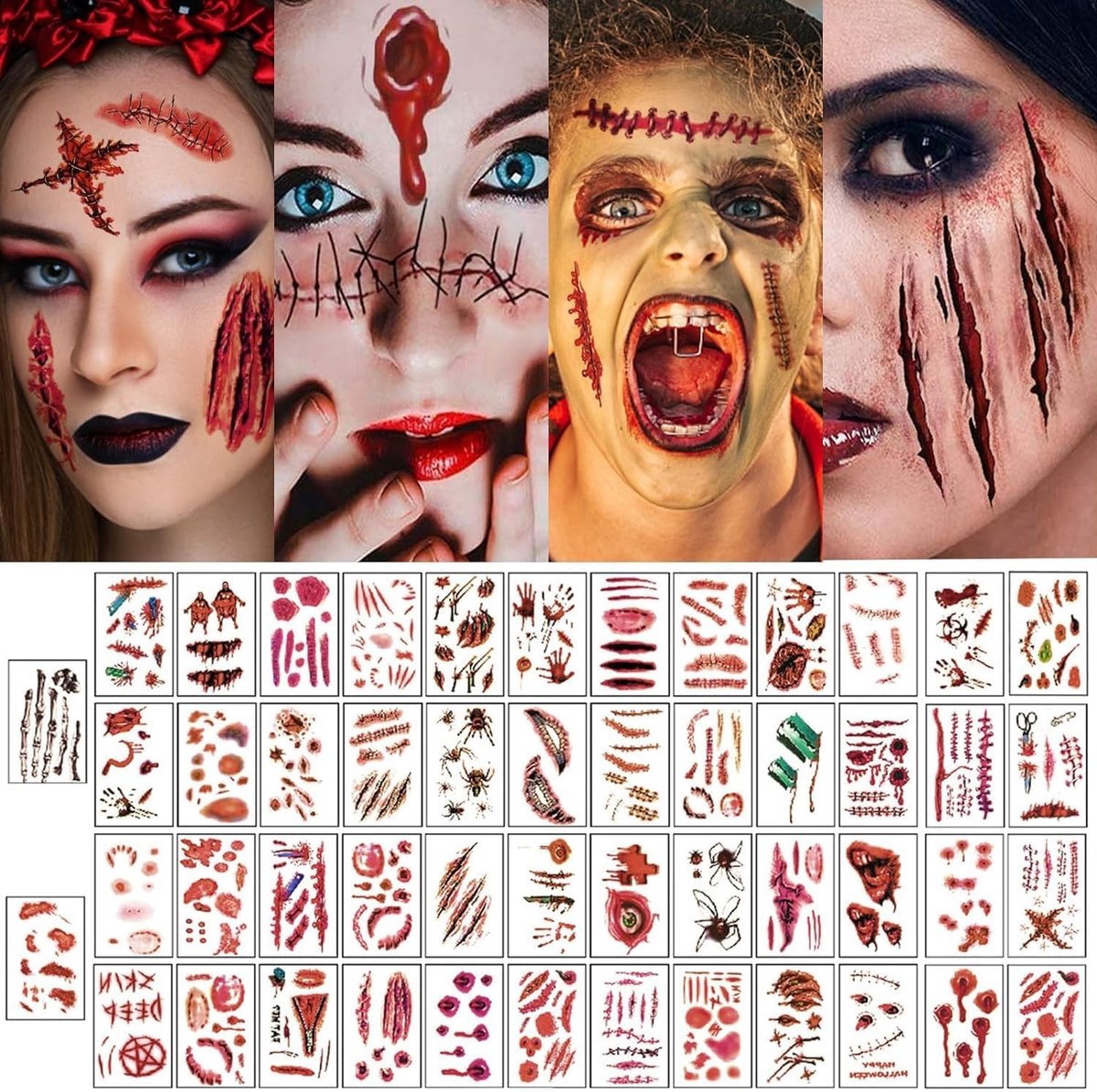 Realistische tijdelijke Halloween-tatoeages voor gezicht, littekens en wonden - Perfect voor kostuums, feesten en griezelige thema's
