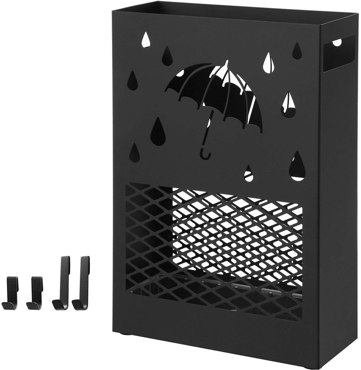 Paraplubak Standaard paraplubak 28x12x41cm Zwart Met antislip voetjes, afneembare wateropvangbak en 4 haken Opengewerkt ventilatieontwerp Snel drogend Stabiel en duurzaam metalen frame Geschikt voor hal en kantoor
