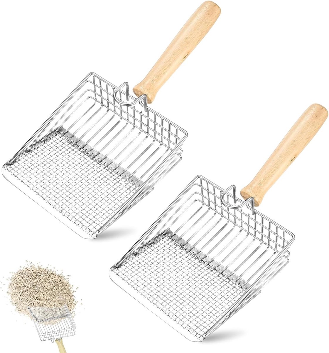 Set van 2 Diepe Kattenbakken met Houten Handvat voor Klonterende Kattenbakvulling - 27 cm Lang, Ideaal voor Thuisgebruik en Gemakkelijk Schoon te Maken