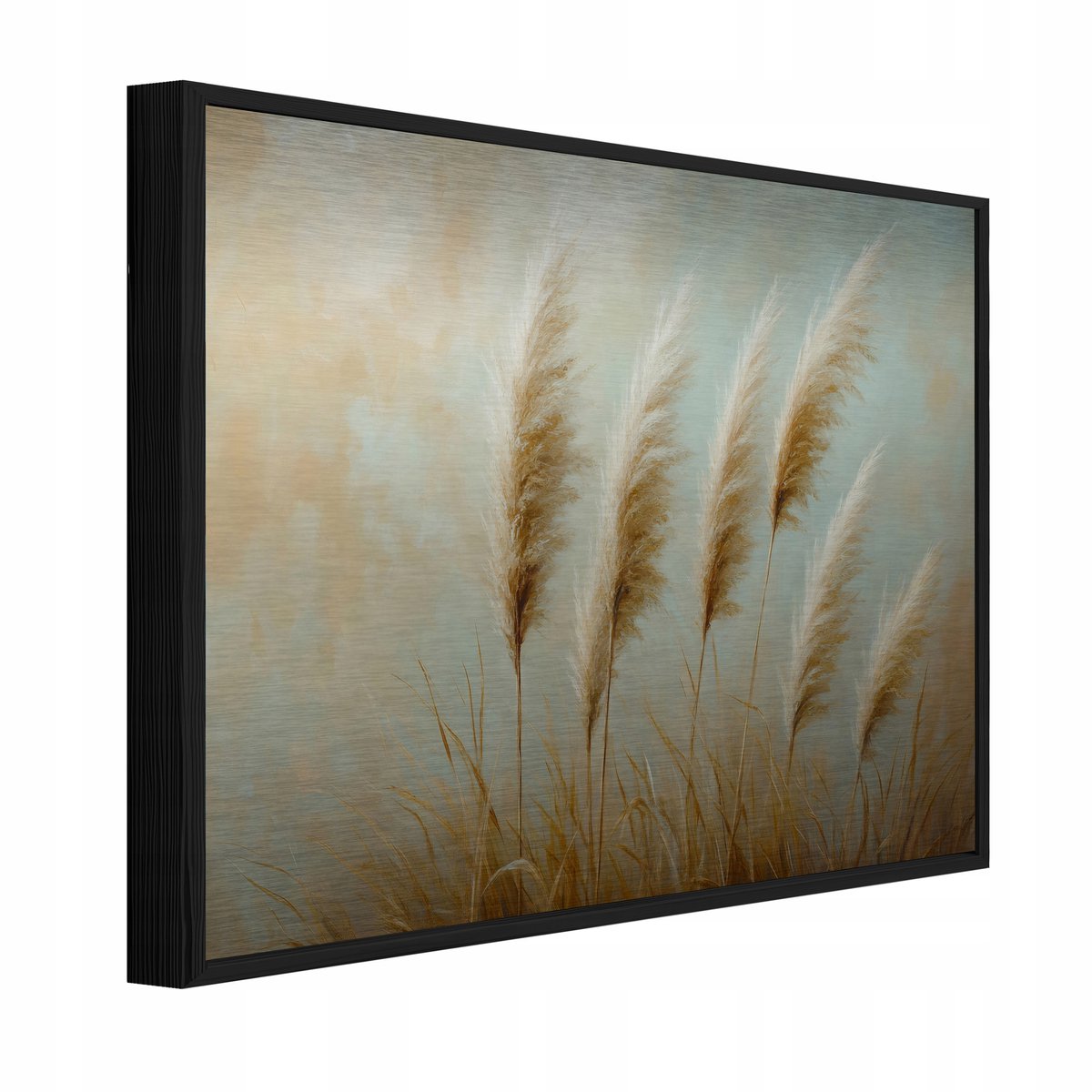WALLARENA Schilderij op geborsteld aluminium met zwarte lijst 120x80 cm - pampasgras in bohostijl - wanddecoratie voor woonkamer en slaapkamer Beige