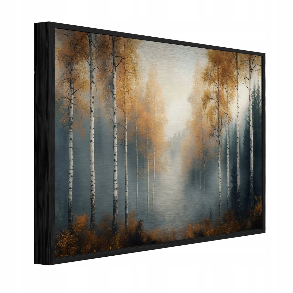 WALLARENA Schilderij op geborsteld aluminium met zwarte lijst 150x100 cm - berkenbos in loftstijl - wanddecoratie voor woonkamer en slaapkamer Bruin