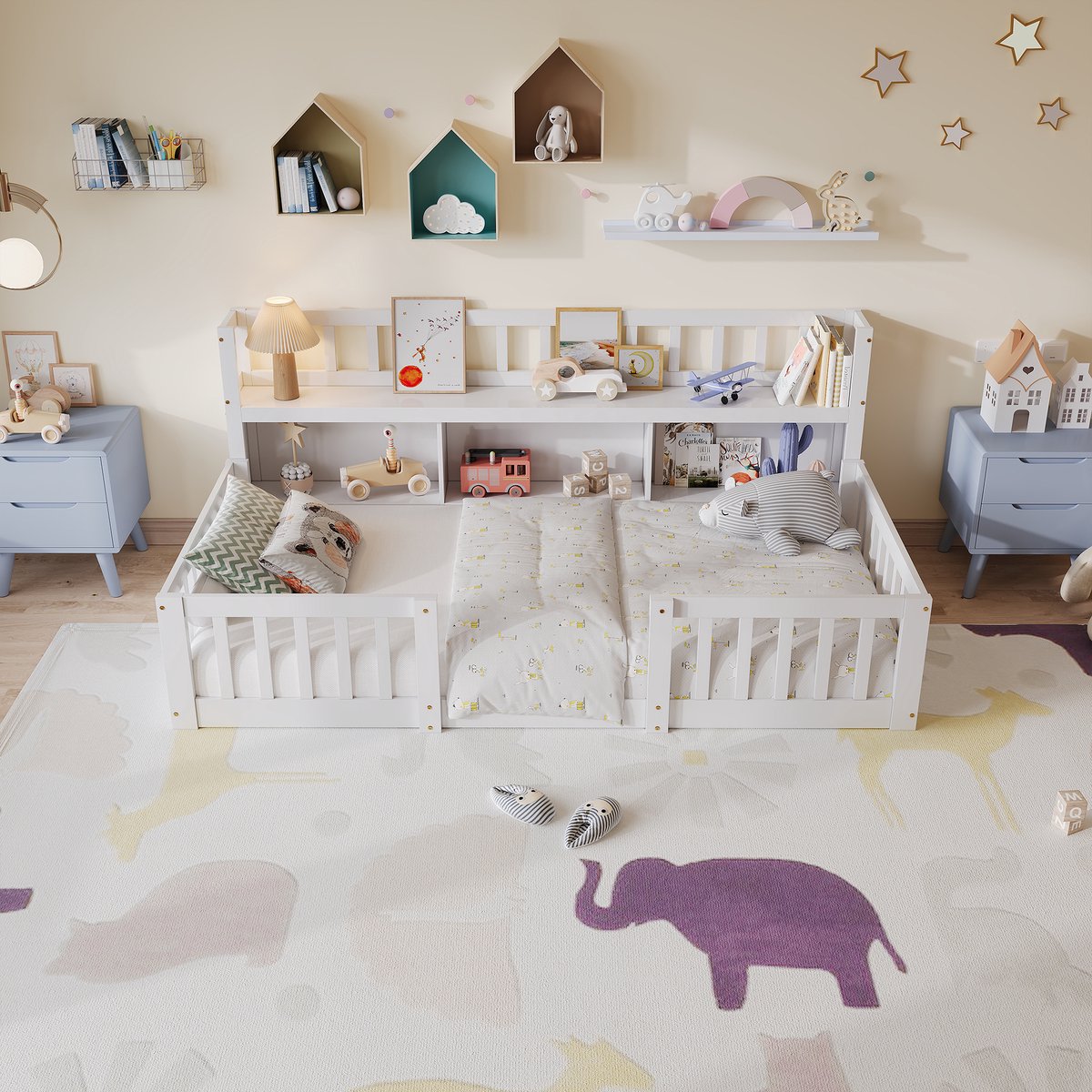 MEXUS Vloerbed 90x200 cm met boekenplank, kinderbed 90x200 met veiligheidsrail en lattenbodem, Montessori vloerbedframe van massief grenenhout, Eenpersoonsbed, Wit