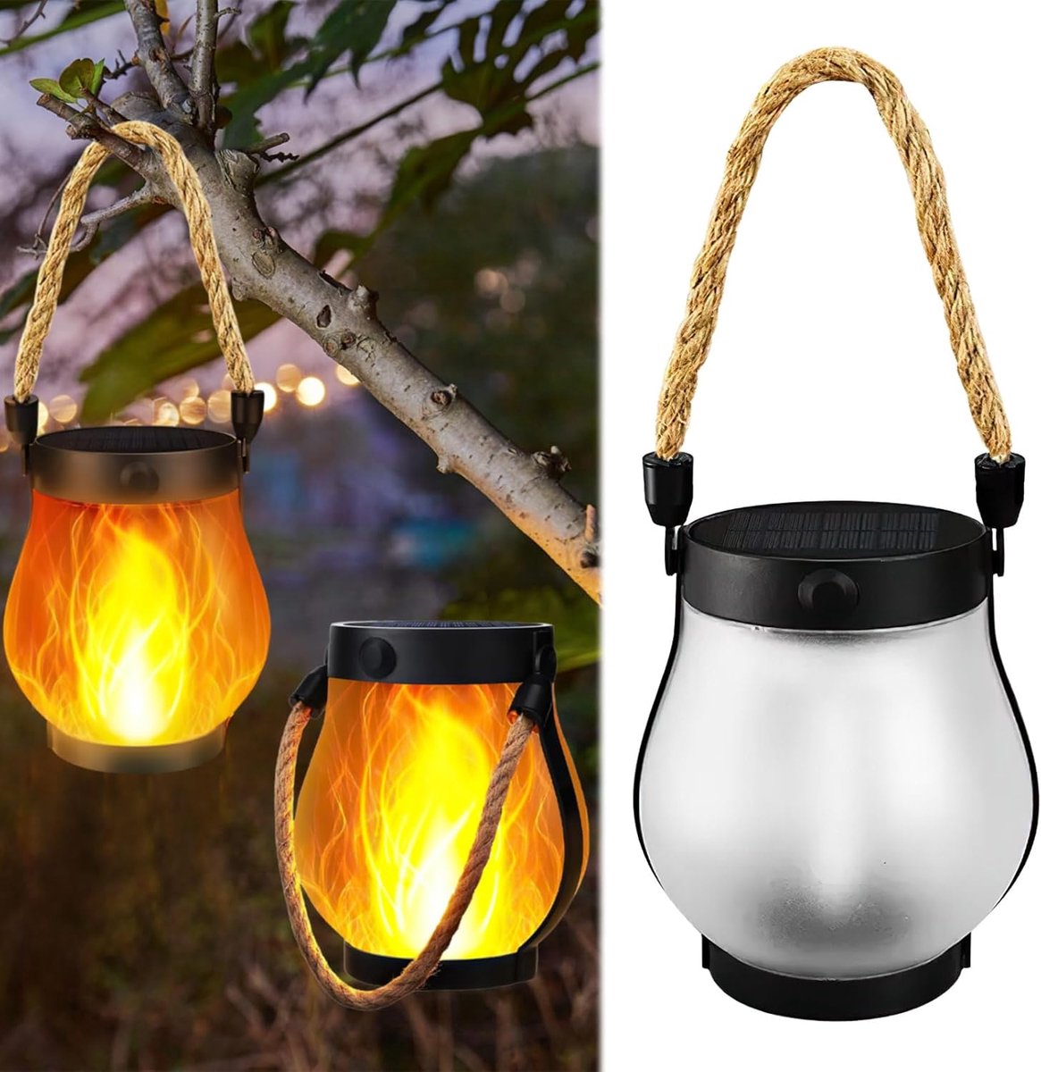 KZQ Zonne-energie Buitenlantaarn Set Van 2, LED Fakkel Licht Met 2 Modes, Oplaadbaar Via Zon En USB-C, Waterdicht IP65, Hangende Of Staande Tuinlamp Voor Terras, Balkon En Patio