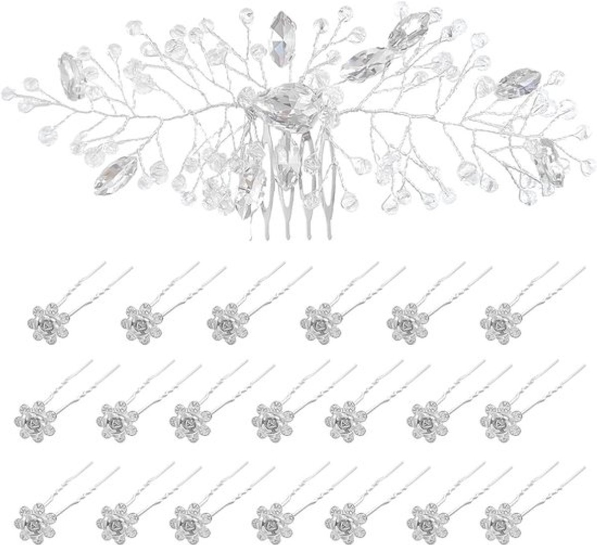 20 Stuks Rozen Haarspelden en 1 Zilveren Bruidskam, Haaraccessoires voor Bruiden en Feestjes, Perfect voor Bruidsmeisjes en Prom Party