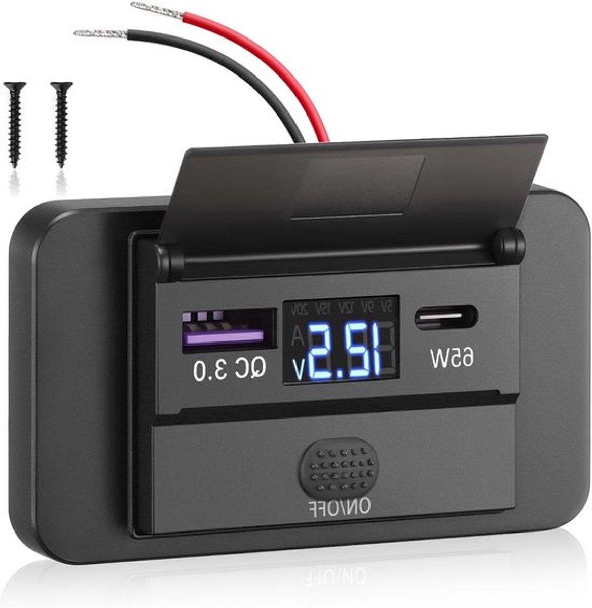 12V USB C Oplaadpoort Auto Lader voor Mobiele Telefoons - Snelladen 65W PD3.0, 18W QC3.0, Waterdicht met Digitale Voltmeter en Schakelaar voor Auto, Boot en Camper