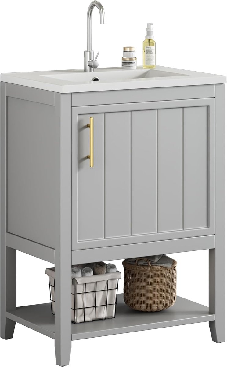 SnelShoppen - Badkamerkast met enkele wastafel 60 cm, wastafelmeubel met keramische wastafel, opbergrek, wit, modern en elegant voor badkamer