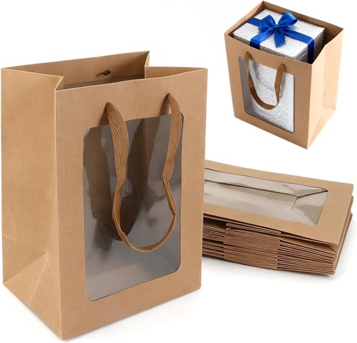 Set van 10 Kraft Papieren Cadeautassen met Venster 25 x 18 x 13 cm voor Verjaardag, Bruiloft en Feestverpakkingen