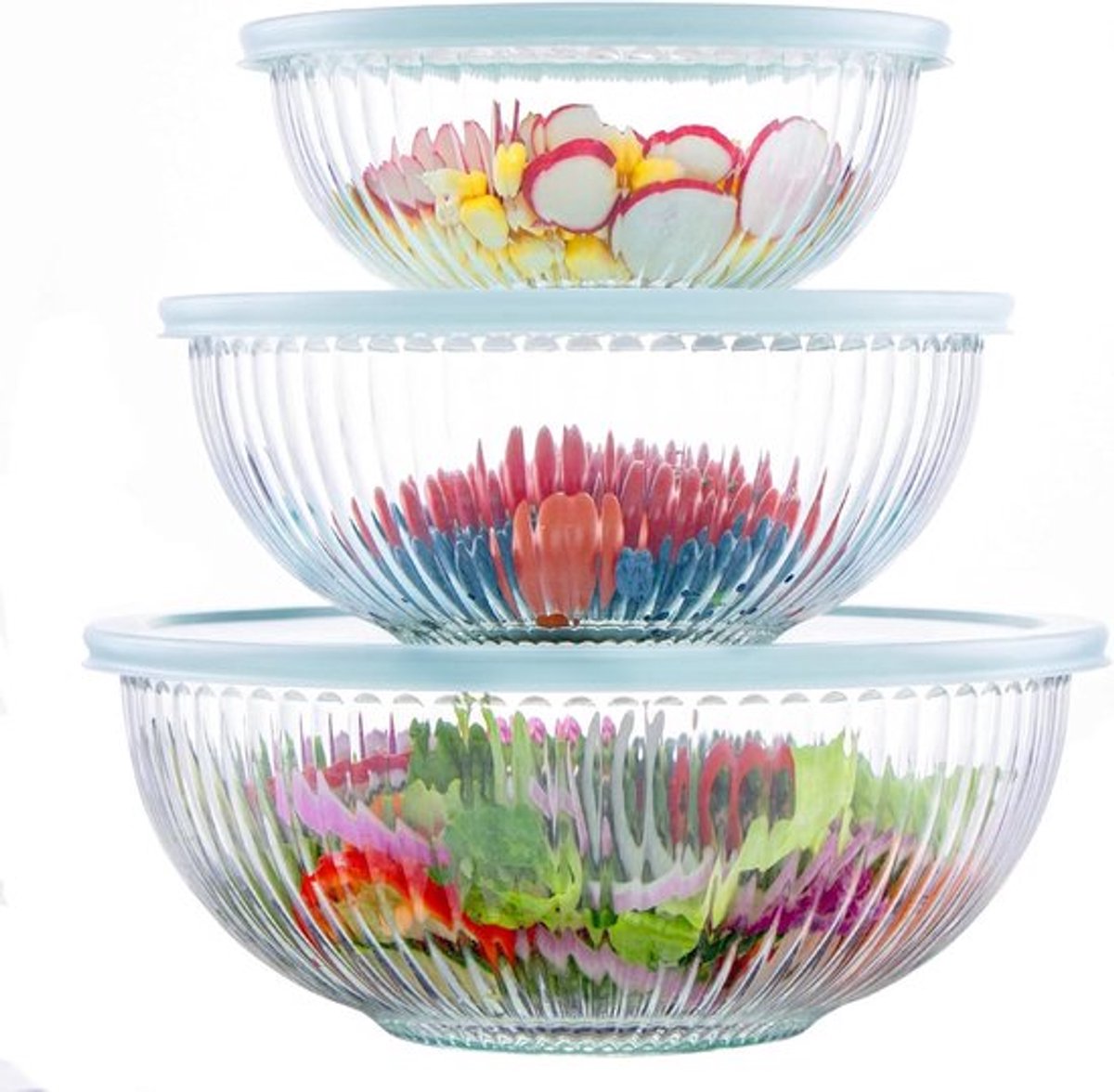 Set van 3 Glazen Mengkommen met Deksel (3.5L, 2L, 1L) voor Salades, Koken en Bakken, Vaatwasserbestendig en Ideaal voor Opslag