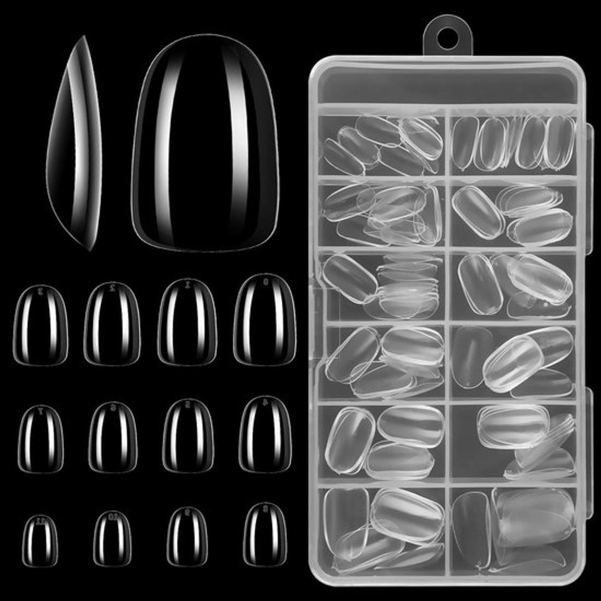 PMMA Amandelvormige Tips voor Transparante Nagels - Rond, Ovaal, Kort met Manicure Opbergdoos - 10 Maten voor DIY Nagelkunst
