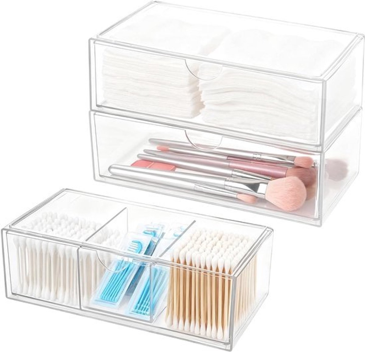 Set van 3 Make-up Organizers met Lades, Stapelbare Cosmetica Opbergdozen, Transparante Opbergbakken voor Badkamer, Bureau en Slaapkamer met 3 Compartimenten