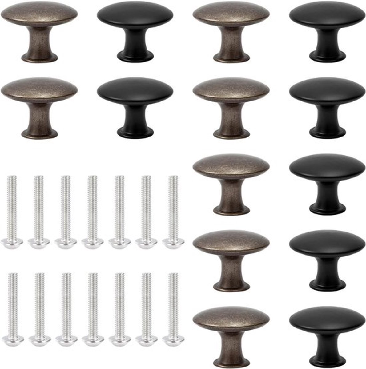 14 Stuks Vintage Kastknoppen 30mm - Ronde Meubelknoppen in Antieke Stijl voor Keuken en Slaapkamer, Inclusief 14 Bevestigingsschroeven, Zwart en Brons