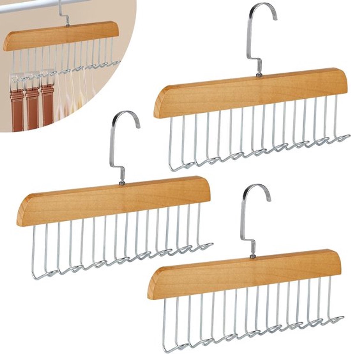 Set van 3 Hangers voor Riemen en Stropdassen, 28 cm, Houten Kledinghanger met 8 Haakjes, 360° Draaiende Hanger voor Riemen, Stropdassen en Ondergoed