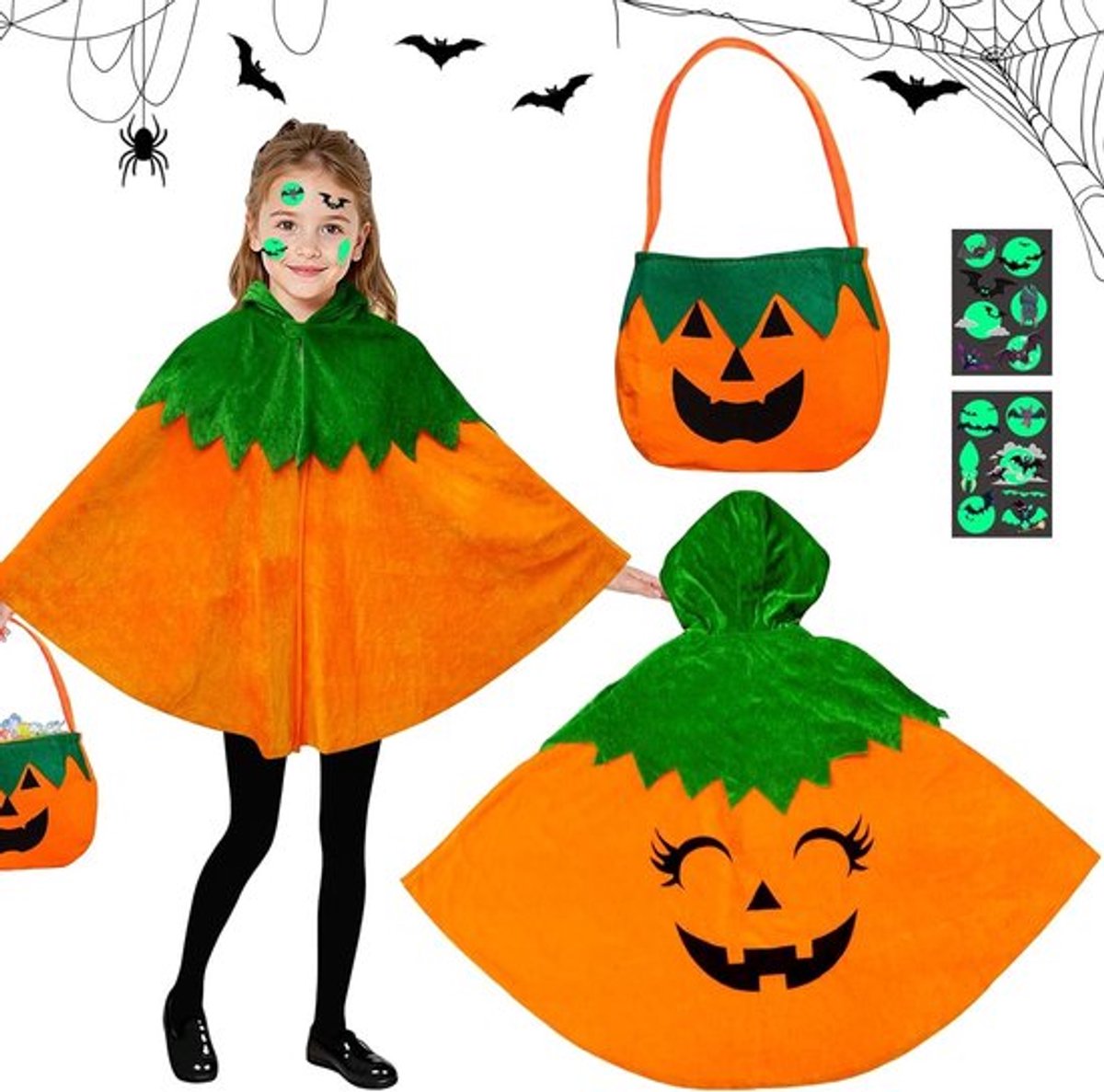 Halloween Pompoen Kostuum voor Kinderen met Cape, Pompoentas, Bat Tatoeages en Cosplay Accessoires voor Carnaval en Feestjes