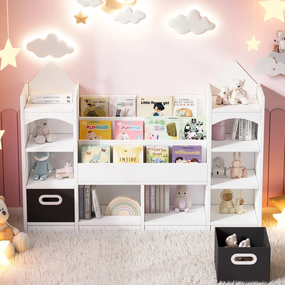 REDOM - Kinderboekenkast - Open meerlaagse kast met 2 opvouwbare opbergboxen - MDF - Wit - 130 x 30 x 90 cm - Met antikantelbevestiging