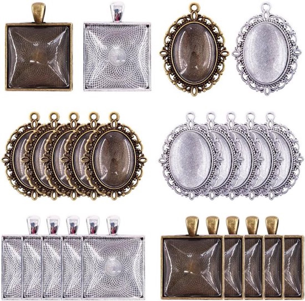 48 Stuks Ovalen en Vierkante Hanger Tray met Glazen Cabochon Dome Tegels voor DIY Sieraden Maken en Ambachtelijke Projecten