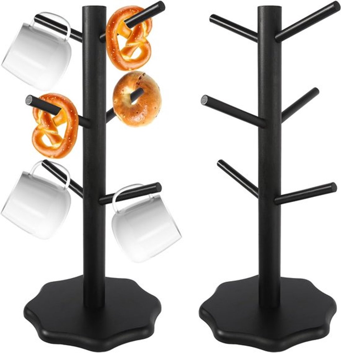 Stabiele houten pretzelstand met 6 haken voor koffiemokken, ideaal als cup holder voor aanrecht en tafel