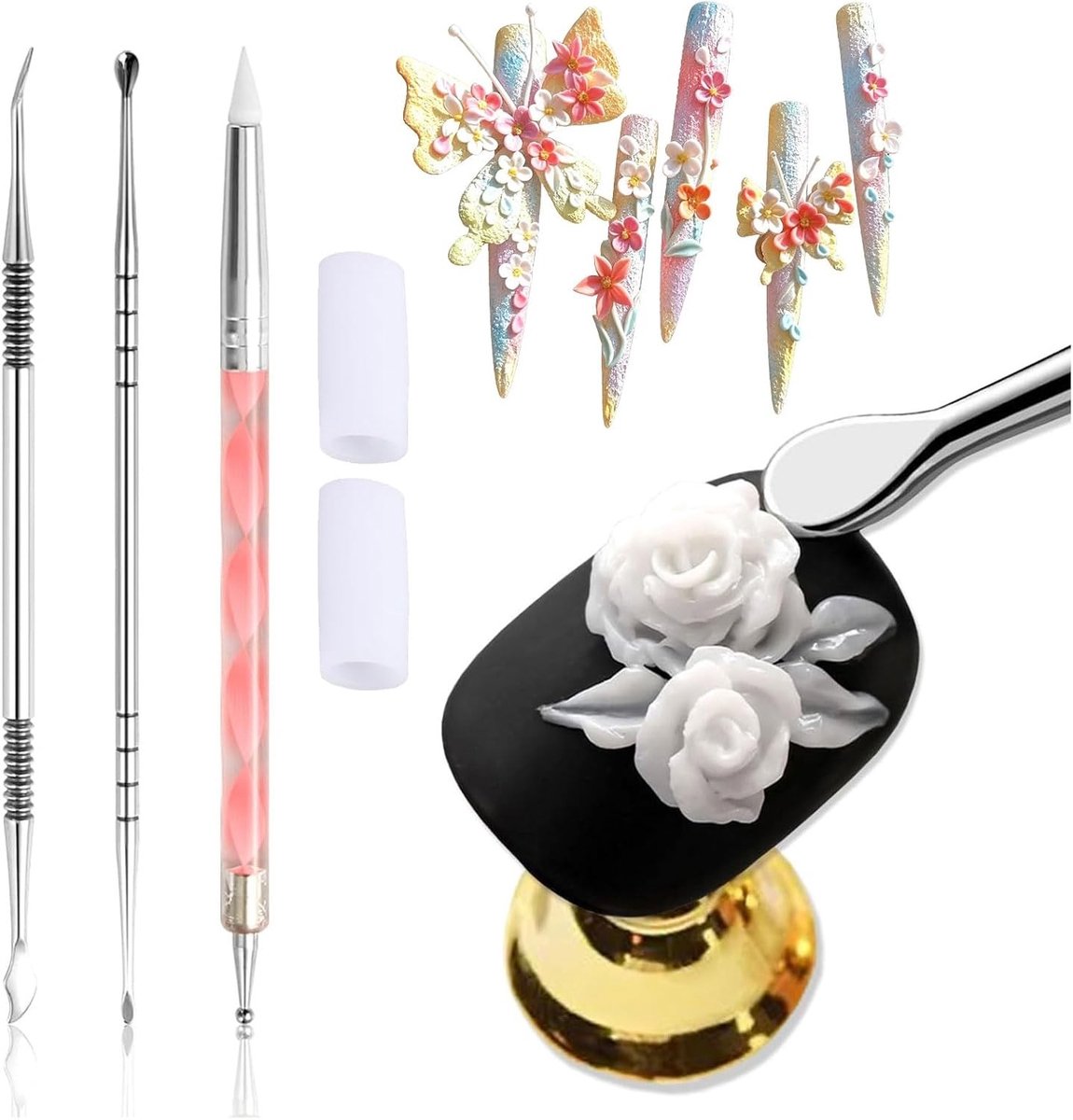 Nagelkunst Sculptuur Pen Set - Roestvrij Staal - 3-delige Set met Dubbelzijdige Penselen - Voor Nageldesign en Manicure