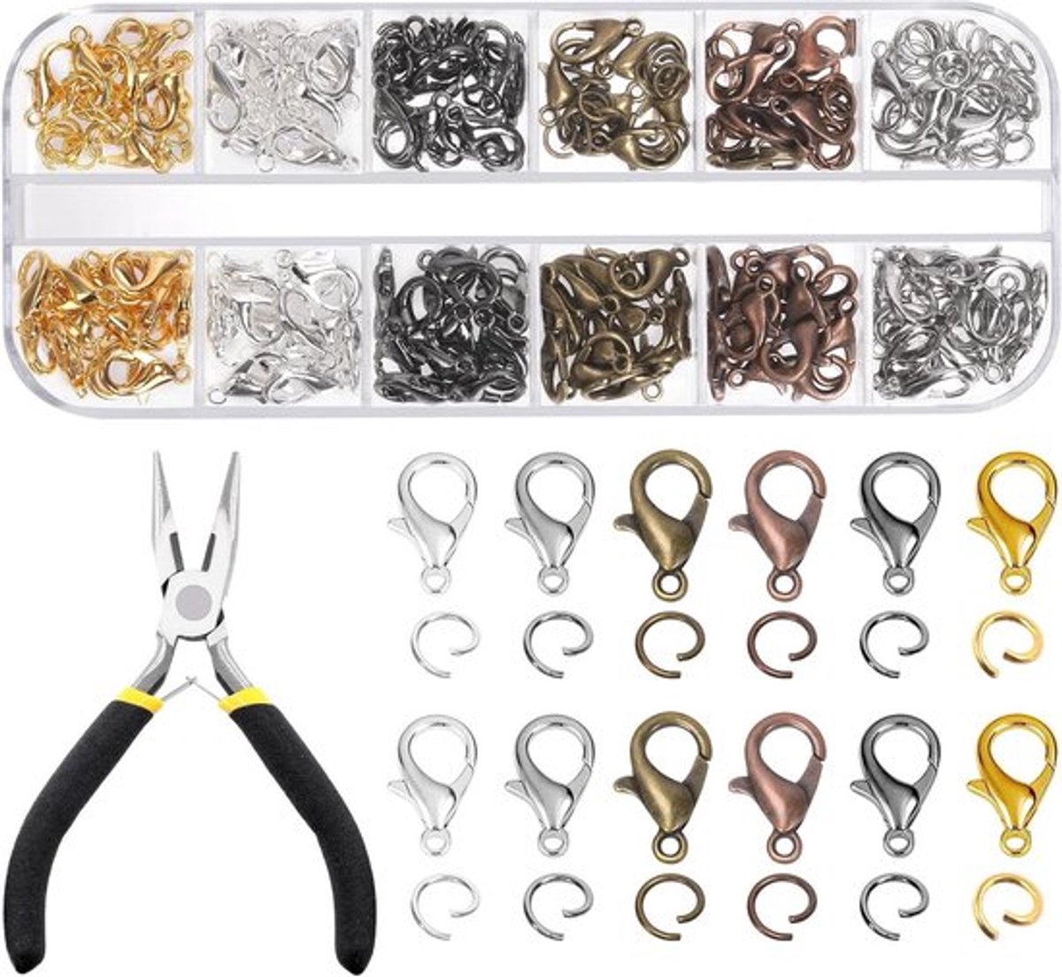 241 Stuks 12mm Zink Legering Kreeftsluitingen met 5mm Open Springringen in 6 Kleuren voor DIY Sieraden, Armbanden en Kettingen Maken