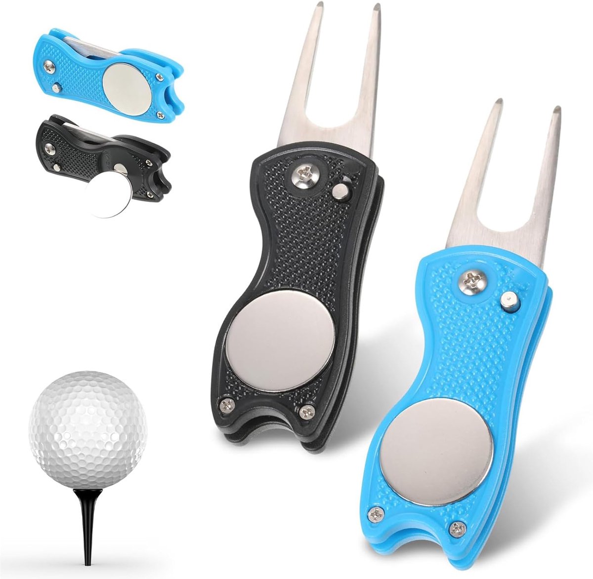 SnelShoppen - 2 Stuks Golf Divot Repair Tool Vouwbaar Metaal met Pop-up Knop en Magnetische Ball Marker - Golf Pitchfork voor Golfer - Ideaal voor Gol
