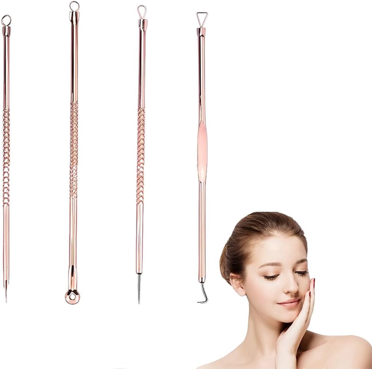 SnelShoppen - Professionele Lot van 4 Comedonen Pincetten voor het Verwijderen van Acné, Boutons en Comedonen met Luxe Etui in Roségoud - Geschikt voo