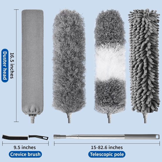 Stofveger Set - Telescoopsteel Plumeau - Hoge Plekken Schoonmaken - Flexibele Microvezelkop - Tot 250cm - Grijs — afbeelding 2