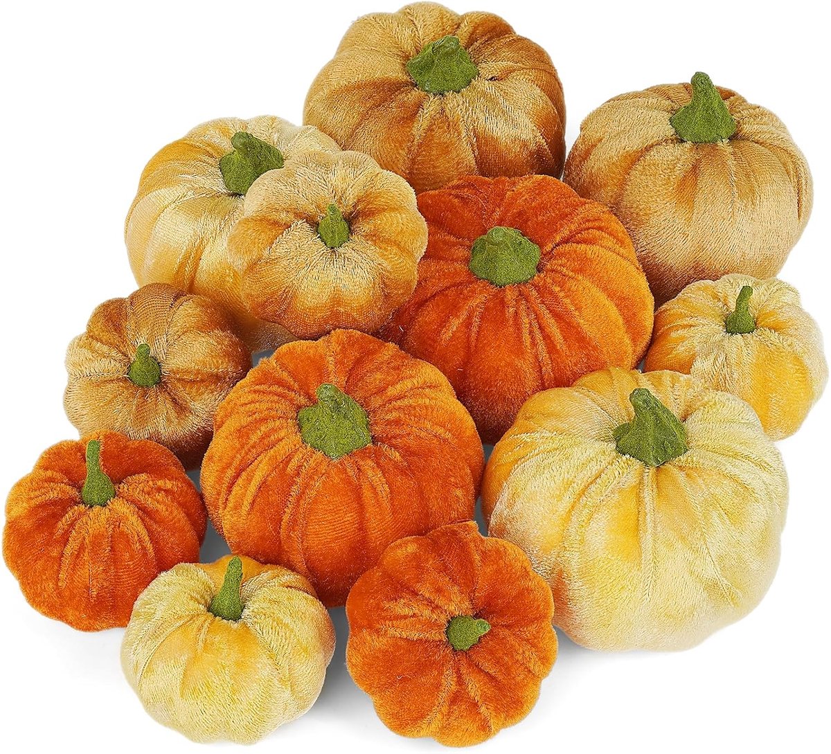 SnelShoppen - 12 Stuks Kunstmatige Pompoenen van Velvet - Diverse Maten en Kleuren - Oranje, Bruin, Beige - Decoratie voor Herfst, Thanksgiving en Hal
