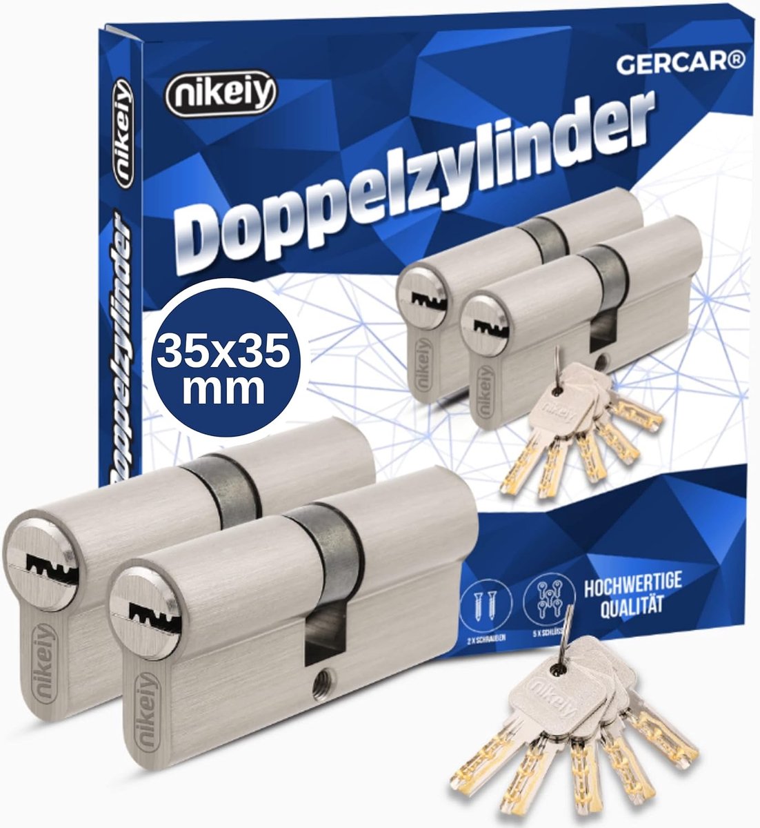 SnelShoppen - Pro set van 2 profielcilinders gelijksluitend 70mm slotcilinder 35/35 dubbele cilinder - messing mat solide - incl. 10 sleutels - omkeer